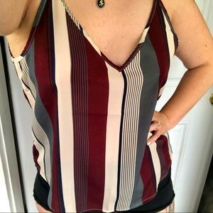 maroon, grey and cream striped tank top